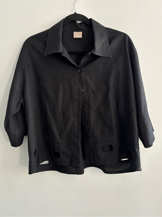 Tara Vao Tops - Tara Vao Black Lightweight Linen-Rayon Button Shirt Size Medium Women’s Classic